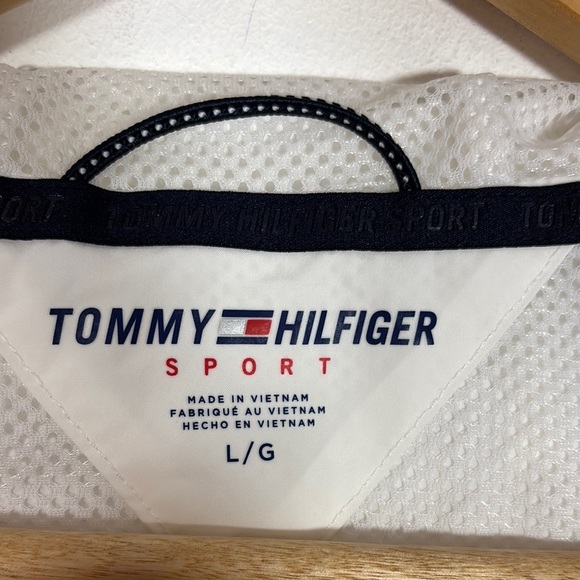 Tommy Hilfiger Utility Jacket White Red Hooded Large Windbreaker Nautical Preppy - Picture 2 of 8